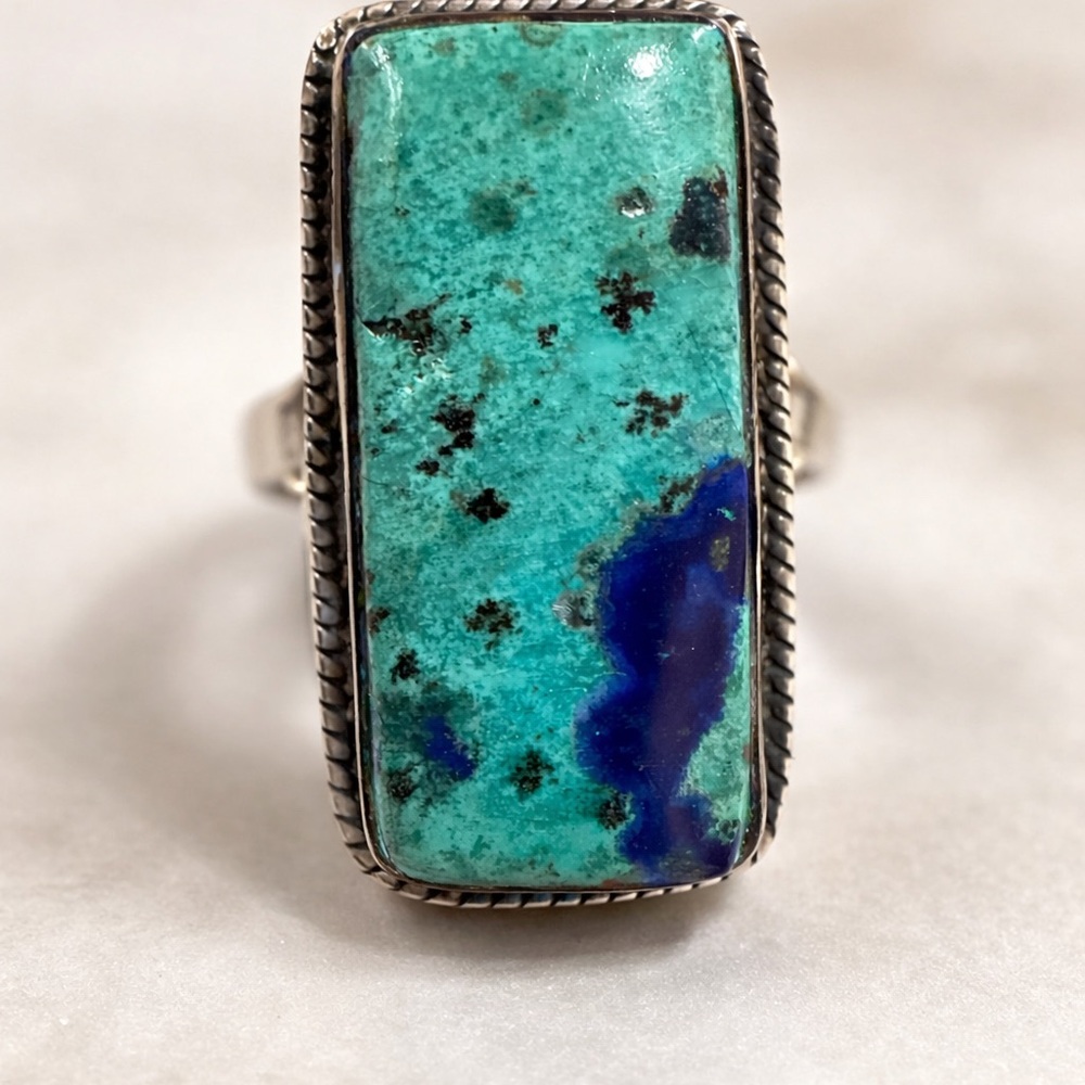 Bluebird Azurite Chrysocolla Sterling Silver Ring 7.5 Southwestern Statement